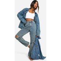 Womens Boohoo Basics High Waisted Ripped Knee Straight Leg Jeans in Washed Blue