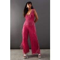 Warehouse Womens Jumpsuit Berry Sleeveless Wide Leg Sparkling Fringe Detail