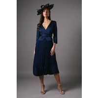 Coast Womens Formal Dress Navy Satin Bodice Belted Pleat Skirt 3/4 Sleeve