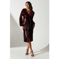 Coast Womens Wrap Dress Oxblood Sequin Velvet Long Sleeve Midi