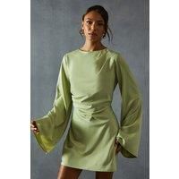 Misspap Womens Mini Dress Sage Satin Slash Neck Cinched Waist Long Sleeve
