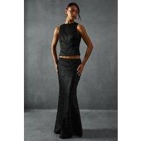 Misspap Womens Maxi Skirt Black Co-Ord Casual Hotfix Diamante Satin Racer Top