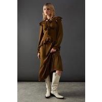 Warehouse Womens Midi Dress Olive Satin Tie Neck Ruffle Spring Summer