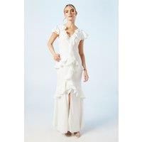 Oasis Womens Wedding Dress Ivory V Neck Ruffle Chiffon Floral Pattern Long Gown