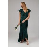 Oasis Womens Bridesmaids Dress Emerald Satin Jacquard V-Neck Flutter Sleeves
