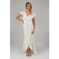 Oasis Womens Bridesmaids Dress Champagne Satin Jacquard V-Neck Flutter Sleeves