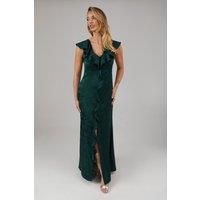 Oasis Womens Bridesmaids Dress Emerald Elegant Satin Jacquard V Neck Long