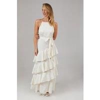 Oasis Womens Bridesmaids Dress Champagne Satin Jacquard Halter Neck Elegant