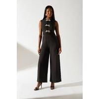 Coast Womens Jumpsuit Black Elegant Diamante Bow Lace Inserts Wide Leg