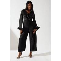 Coast Womens Jumpsuit  Black Satin Feather Cuff Wrap Front Formal Occasion