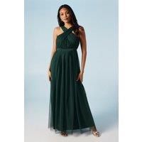 Cross Neck Halter Mesh Bridesmaids Dress