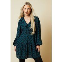 Womens Petite Green Spot Tiered Hem Frill Wrap Mini Dress