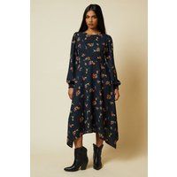 Womens Petite Blue Ditsy Floral Hanky Hem Shirred Cuff Midi Dress