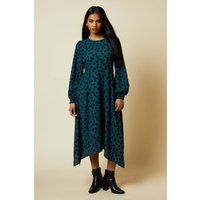 Womens Petite Green Spot Hanky Hem Shirred Cuff Midi Dress