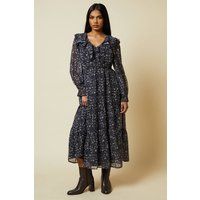 Womens Petite Large Floral Chiffon Ruffle Midaxi Dress
