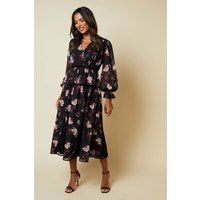 Womens Floral Lace Skirt Long Sleeve Midi Dress