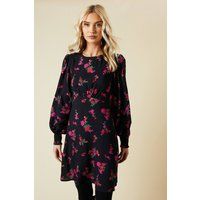 Womens Pink Floral Shirred Cuff Mini Dress