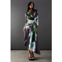 Warehouse Womens Formal Midi Dress Floral Abstract Print Knot Front Long Sleeve