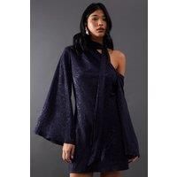 Warehouse Womens Mini Dress Navy Satin Jacquard Tie Neck Asymmetric One Shoulder