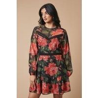 Oasis Womens Mini Dress Multi Casual Floral Metallic Lace Trim Tiered Skirt