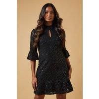 Oasis Womens Mini Dress Black Sequin Lace High Neck Bell Sleeves Ruffle Hem