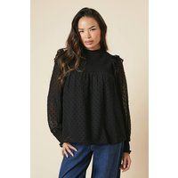 Womens Shirred Yoke Dobby Chiffon Long Sleeve Blouse