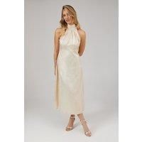 Oasis Womens Bridesmaids Dress Gold Shimmer Chiffon Halterneck Long Elegant