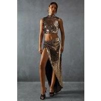Misspap Womens Sequin Midi Skirt Gold Co Ord Set Crop Top Thigh High Split