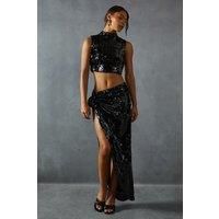 Misspap Womens Sequin Midi Skirt Black Co Ord Set Crop Top Thigh High Split