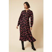 Womens Black Floral Lace Yoke Midi Dress