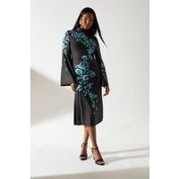 Coast Womens Midi Dress Black Floral Satin High Neck Flare Sleeve Party Wedding