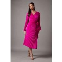 Satin Pleated Wrap Dress