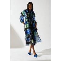 Coast Womens Midi Dress Multi Romantic Floral Chiffon Lace Trim Sheer Sleeves