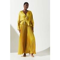 Coast Womens Crepe Jumpsuit Yellow Pleated Wide Leg Wrap Style Long Sleeve
