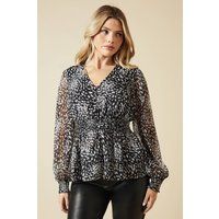 Womens Mono Abstract Button Front Double Ruffle Chiffon Blouse