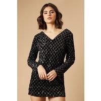 Oasis Womens Black Mini Dress Sequin Geometric Pattern Flared Sleeve V Neck