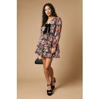 Oasis Womens Wrap Dress Black Printed Organza V Neck Shirred Waist Mini