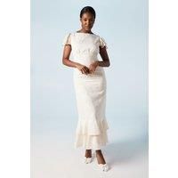 Satin Jacquard Flutter Sleeve Wedding Maxi Dress