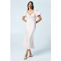 Oasis Womens Bridesmaids Dress Blush Puff Sleeve Satin Wrap Midi Elegant