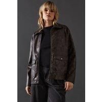 Warehouse Womens Jacket Grey Faux Leather Zip Mid Length Spring Autumn