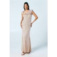Coast Womens Bridesmaids Maxi Dress Gold Sequin Flutter Neckline Off Shoulder