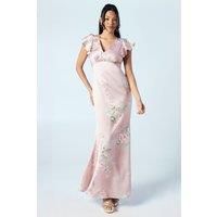 Trailing Blossom Printed Satin Angel Sleeve Bridesmaids Dress