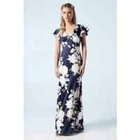 Petite Dahlia Floral Printed Satin Ruffle Sleeve Bridesmaids Dress