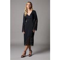Coast Womens Satin Wrap Midi Dress Black Lace Panel Long Sleeve Elegant