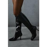 Leather Look Croc Wide Heel Boots