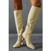 Leather Look Croc Wide Heel Boots