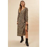 Womens Leopard Print Long Sleeve Midi Dress
