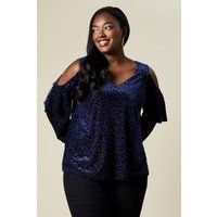 Womens Curve Velvet Devore Cold Shoulder Top