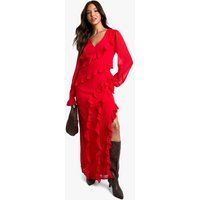 Womens Ruffle Long Sleeve Chiffon Maxi Dress