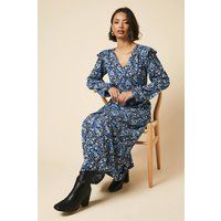 Womens Tall Blue ditsy floral Frill Shoulder Shirred Waist Long Sleeve Midi Dress